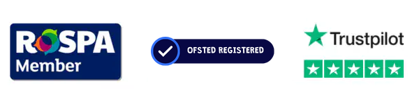 Accreditation logos for RoSPA, Ofsted, and Trustpilot with a 5-star rating