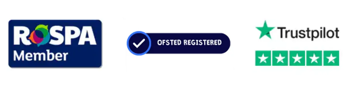 Accreditation logos for RoSPA, Ofsted, and Trustpilot with a 5-star rating