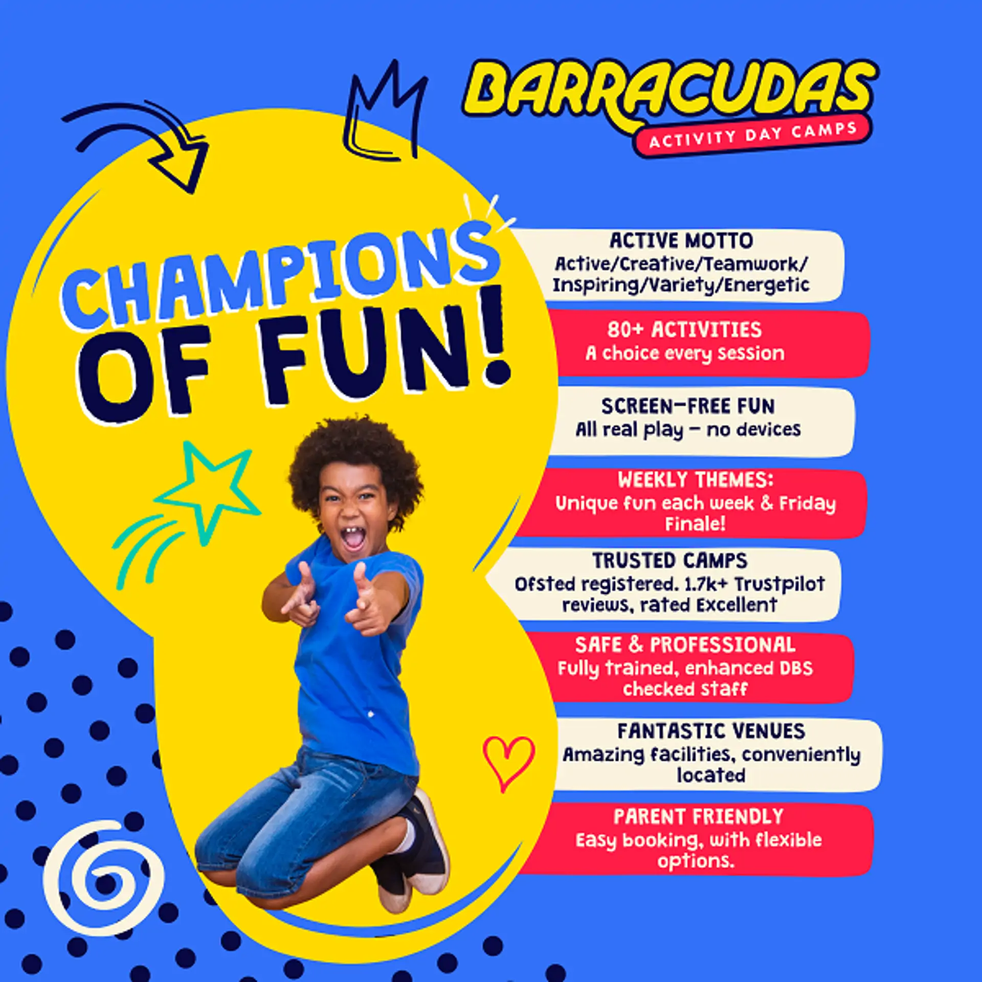 Infographic on why Barracudas camps are Champions of Fun