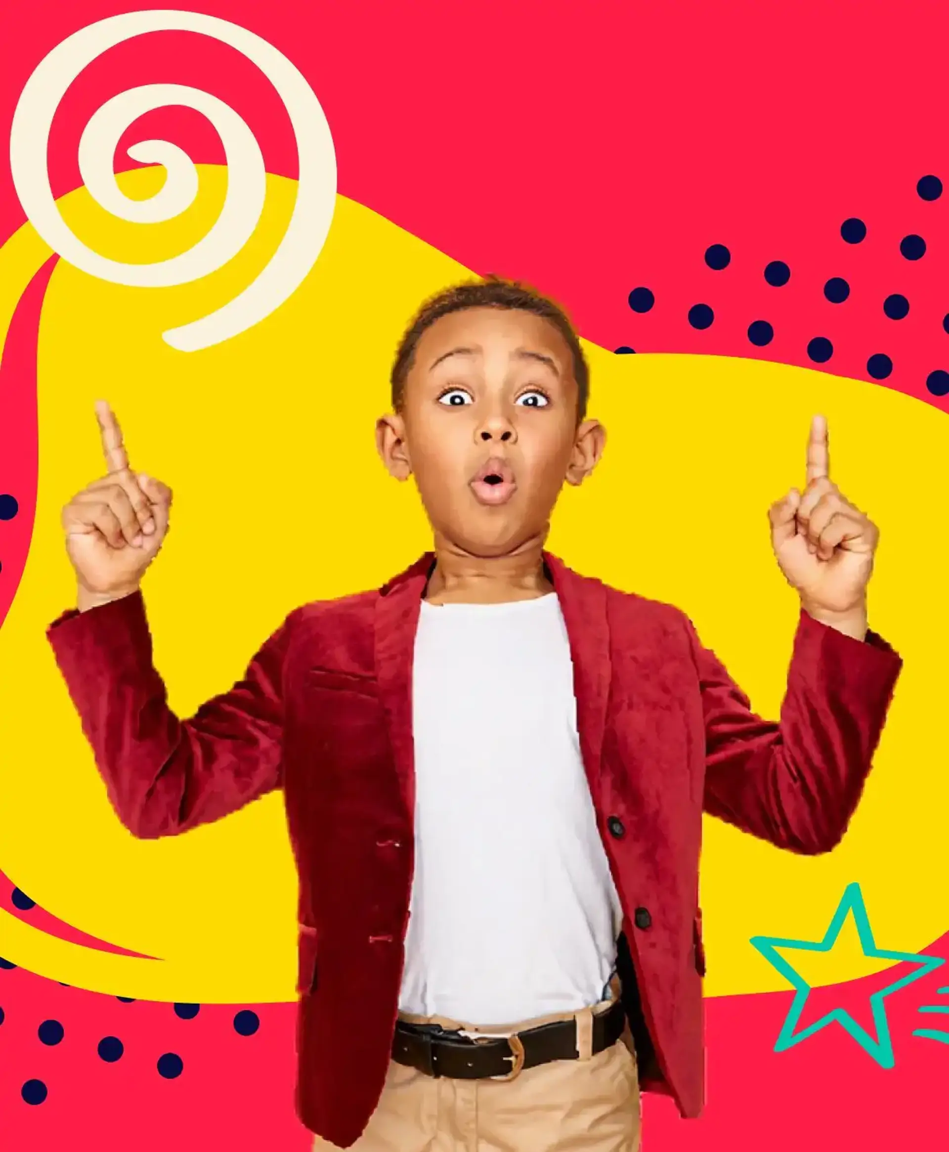 Surprised boy in red jacket pointing up against a colorful graphic background